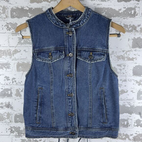 FREE PEOPLE Jean Vest Denim Lace Up Back Collarless Distressed 90s Y2K Women's S - Picture 1 of 8